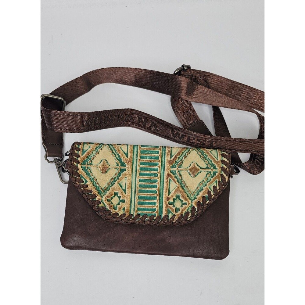 Montana West Southwestern Pattern Tooled Leather Small Crossbody